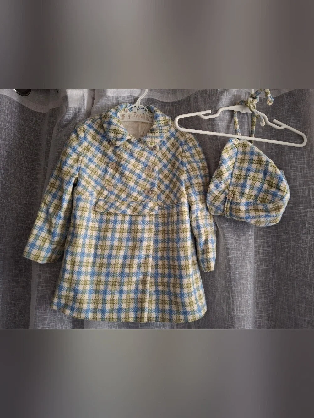 Vintage 50s Kute Kiddies Childrens Plaid Coat & Matching Bonnet Union Made 2/3t